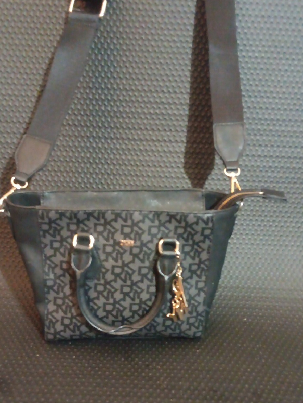 DKNY Black Logo-Print Crossbody Satchel with Gold Charm